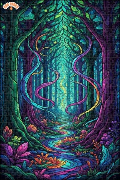 Teona Ahşap لغز خشبي مؤطر بطبقتين بتصميم فن الزجاج الملون لجسر الغابة الساحرة...