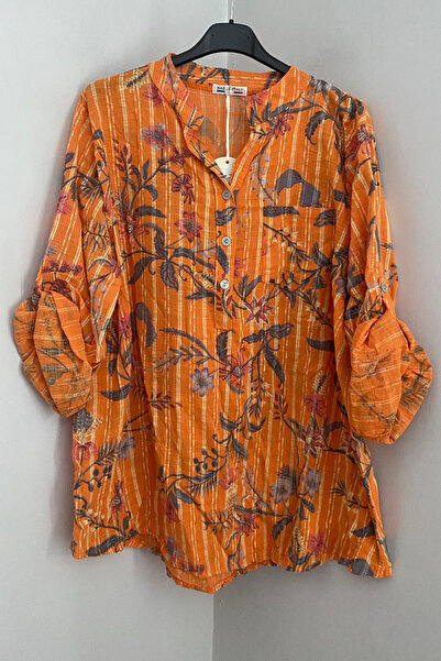 AYASOFYA OTANTIK Women's Italian Orange Three-Button Placket Collar Striped I...