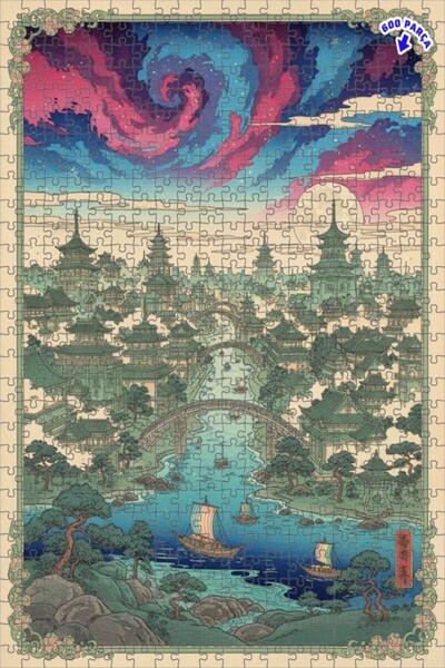 Teona Ahşap لغز خشبي مؤطر بطبقتين بتصميم مشهد مدينة ساحر بمظهر الألوان المائي...