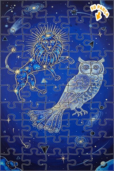 Teona Ahşap Lion and Owl Galaxy Art Oil Painting Look Double Layer Framed Woo...