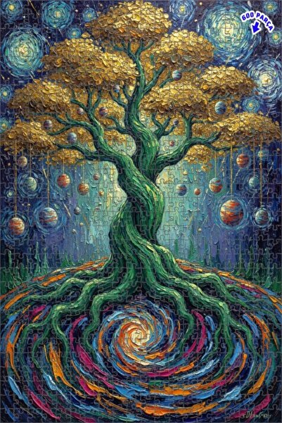 Teona Ahşap لغز خشبي بإطار مزدوج الطبقات بتصميم شجرة الحياة مع أوراق ذهبية، ي...