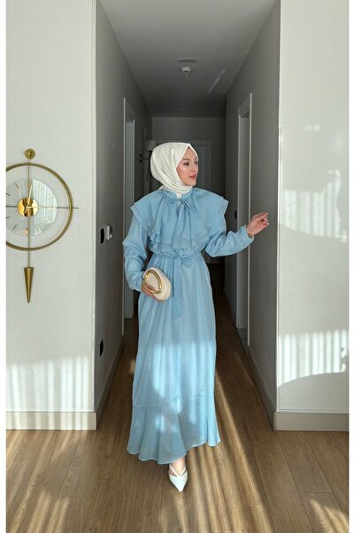 merve ada design Yaka Fırfır Detaylı Astarlı Organze Tül Tesettür Elbise