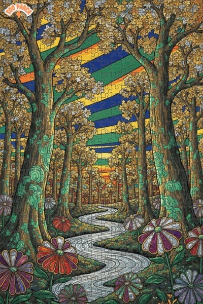 Teona Ahşap لغز خشبي مؤطر بطبقتين بتصميم فني خطي ملون لجسر الغابة الساحرة 500...