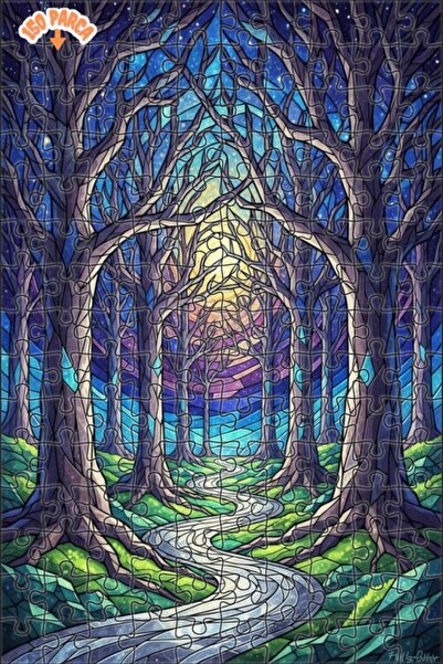 Teona Ahşap لغز خشبي على شكل طريق الغابة السحرية مع زجاج ملون 150 قطعة 20×30