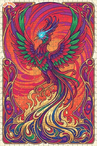 Teona Ahşap Flaming Emerald Phoenix Oil Painting Look Double Layer Framed Woo...