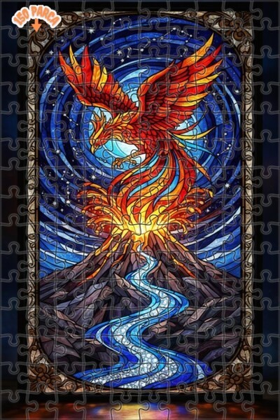 Teona Ahşap Flame Winged Phoenix Stained Glass Art Double Layer Framed Wooden...