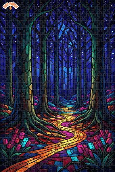 Teona Ahşap لغز خشبي مؤطر بطبقتين بتصميم فن الزجاج الملون لممر الغابة الساحرة...