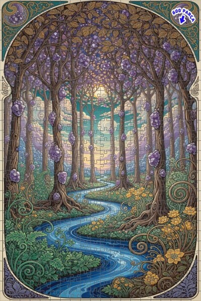 Teona Ahşap لغز خشبي بتصميم غابة كريستالية سحرية بمظهر الألوان المائية 600 قط...