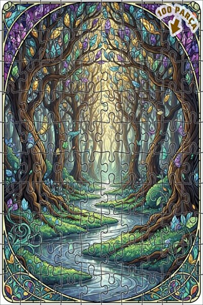 Teona Ahşap لغز خشبي بتصميم الغابة السحرية مع مظهر الزجاج الملون 100 قطعة 25×25