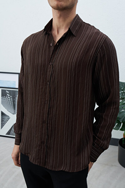 duo fideles Men's Relax Fit Long Sleeve Cotton Breathable Fabric Striped Brow...