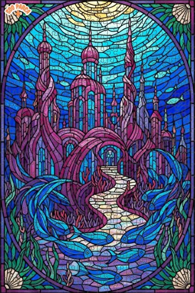 Teona Ahşap لغز خشبي فني من الزجاج الملون على شكل قصر حورية البحر 500 قطعة 50x30