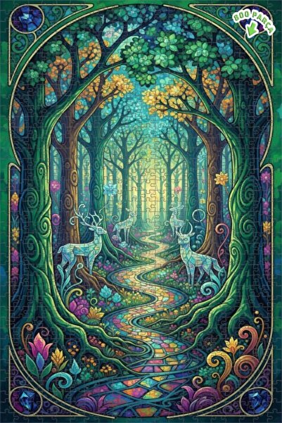 Teona Ahşap لوحة فنية لغزلان الغابة السحرية بمظهر الألوان المائية 800 قطعة 70×50