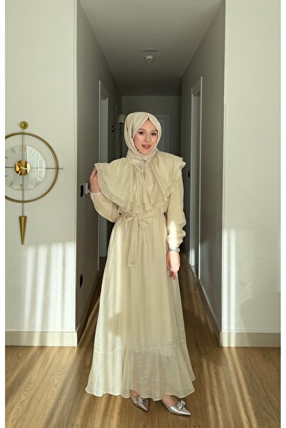 merve ada design Yaka Fırfır Detaylı Astarlı Organze Tül Tesettür Elbise