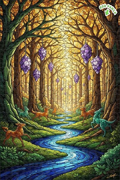 Teona Ahşap لغز خشبي مؤطر بطبقتين من فن الغابة السحرية والكريستال أزرق بلون ا...