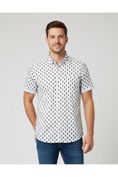 ALEMDAR STORE Men's white short-sleeved shirt with black pattern - a lightwei...