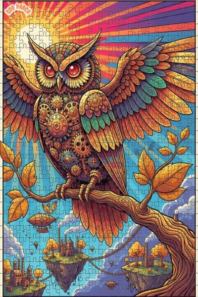 Teona Ahşap Mechanical Owl Steampunk Art Double Deck Framed Wooden Puzzle 500...