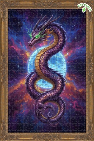 Teona Ahşap Dragon Galaxy Oil Painting Look Double Layer Framed Wooden Puzzle...