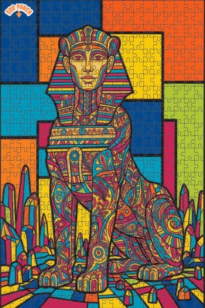 Teona Ahşap Colorful Egyptian Sphinx Oil Painting Look Double Layer Framed Wo...