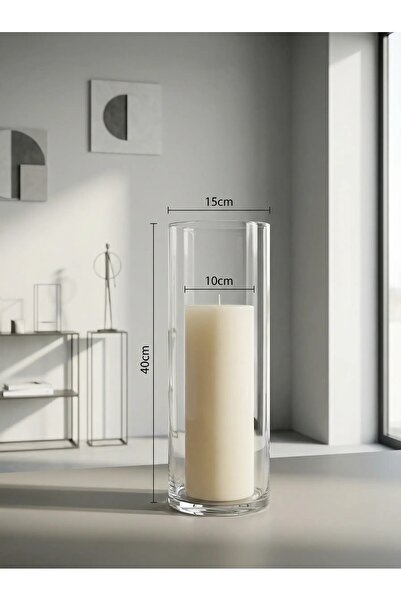 Candle Vase 15 Diameter X 40 cm Transparent Cylinder Glass Vase with Cream Ca...