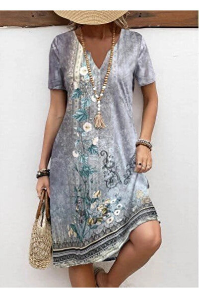 nedo7 Women's Short Sleeve V Neck Patterned Single Jersey Dress