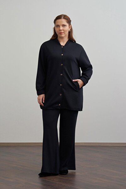 ALLDAY Black-Soft Textured College Collar Tracksuit Set