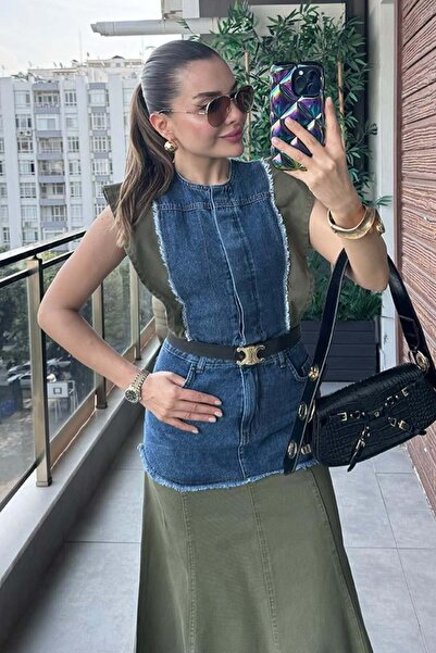 YVONNE Yeşil Gabardin Denim Elbise