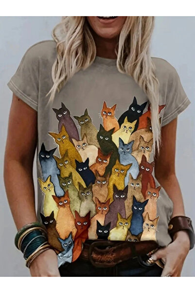 nedo7 Women's Short Sleeve Crew Neck Cat Print Single Jersey Blouse