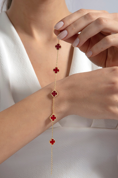 SARIASLAN 925 Ayar Gümüş 5 li Yonca Kırmızı Kadın Bileklik 14 Ayar Altın Renk