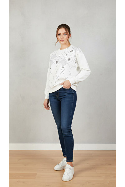 ECSBUTİK 3 İplik Taşlı Kadın Sweatshirt