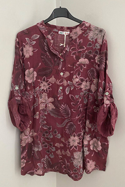 AYASOFYA OTANTIK Women's Italian Burgundy Three-Button Placket Collar Floral ...