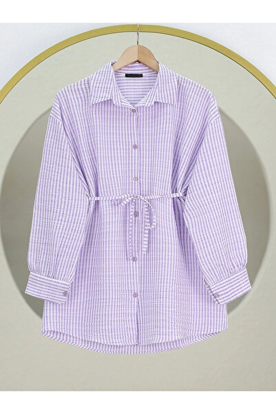 nedo7 Length Buttoned Lace up Striped Wrapped Shirt - Lilac