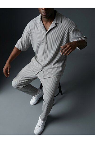 KHAYN Men's Ribbed Relaxed Fit Cotton Short Sleeve Shirt Tracksuit Set K8007Ft