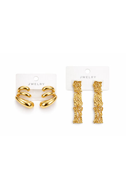 Stella Altın Renk Modern Küpe Seti – 2’li | Çoklu Ear Cuff & Dokulu Sallantıl...