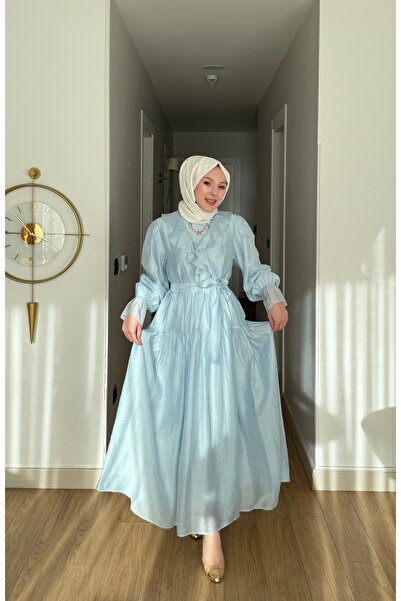 merve ada design Cupra Kumaş Astarlı Volan Yaka Detaylı Tesettür Elbise