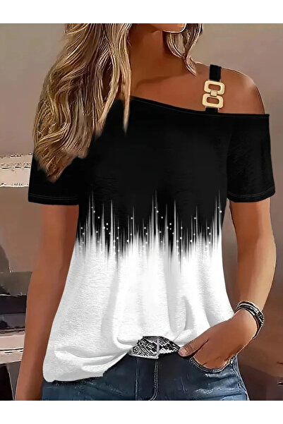 nedo7 Women's One Shoulder Open Strap Detailed Patterned Single Jersey Blouse