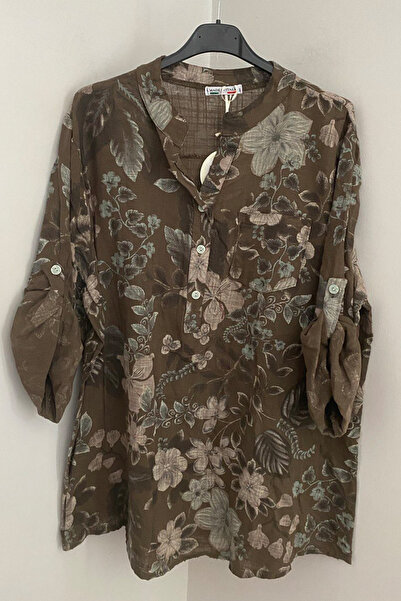 AYASOFYA OTANTIK Women's Italian Brown Three-Button Placket Collar Floral Chu...