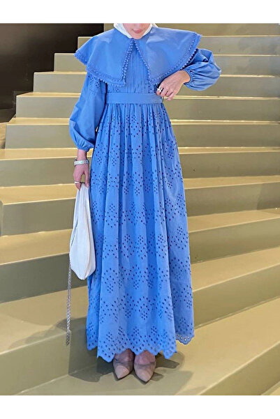 nedo7 Cape collar lace detailed dress -blue