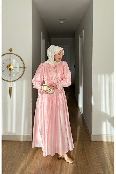 merve ada design Cupra Kumaş Volan Yaka Detaylı Tesettür Elbise