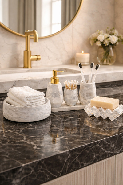 lufen deco Mermer Desenli Dekoratif 6'lı Banyo Wc seti Katı Sıvı sabunluk Diş...