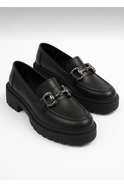 cevaplus Silver Buckle Women's Thick Sole Loafer Moccasin Shoes Black