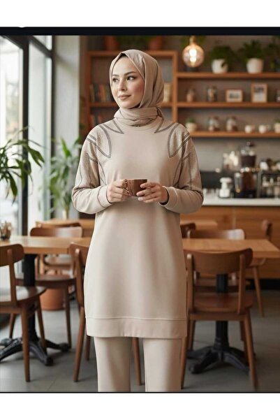 SHİROSA Stone Detailed Combed Cotton Double-Breasted Hijab Suit