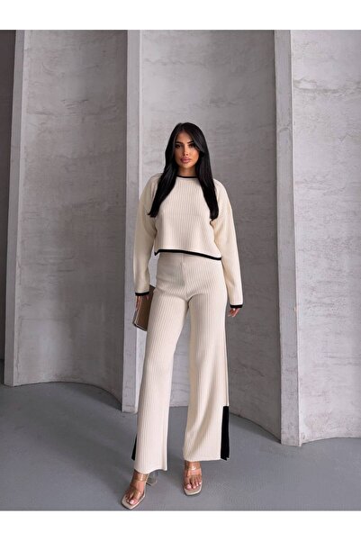 solena sln Women's Black and White Striped Slit Detail Knitwear Sweater Set