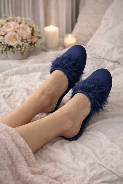 ROZELT Kadın Lacivert Tüylü Yumuşak Tabanlı Ev Terliği & Panduf & Hediyelik &...