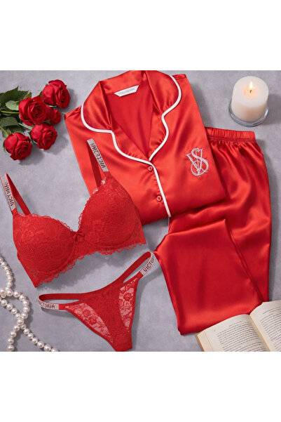 VİP SECRET Комплект от 4 части - сатенен пижамен комплект и комплект сутиен, ...