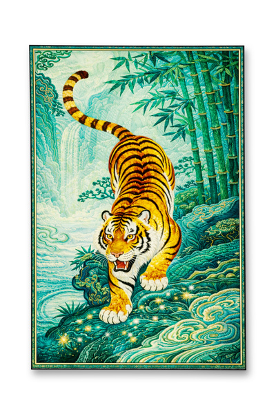 Rugs Modern Halı Mosso Turquoise Theme Tiger in the Forest Pattern Woven Base...