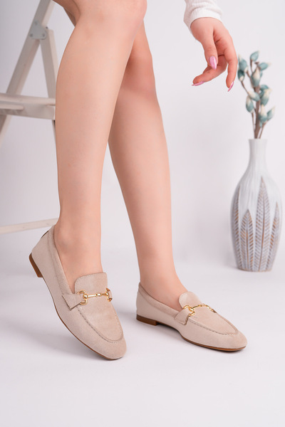 RoseVeno Дамски бежови мокасини от велур с катарама