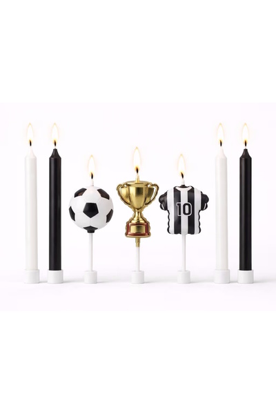 Party City Siyah Beyaz 7 Parça Kupalı Mum Seti | Futbol Temalı Doğum Günü Pas...