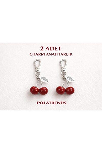 POLATREND حقيبة نسائية من قطعتين بتصميم الكرز اللامع مع سلسلة مفاتيح فضية