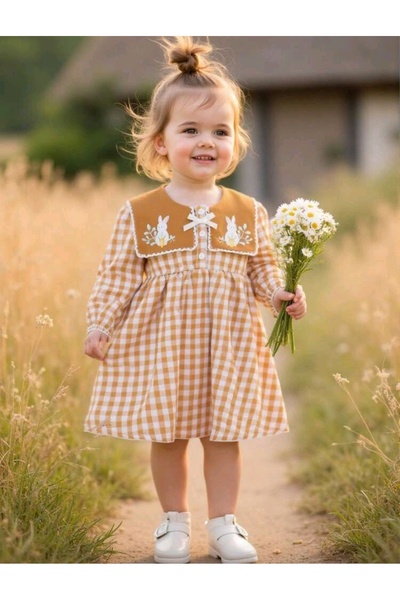 OEM Rochita in carouri alb-crem cu maneca lunga si guler cu imprimeu iepuras,...