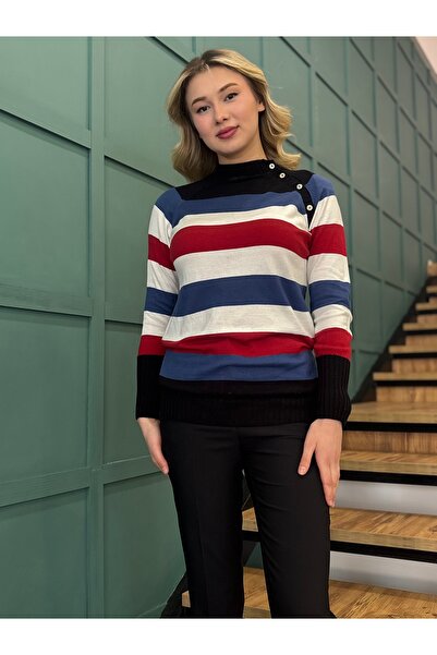 STAMINA Kadın, Düğme Detaylı, Renk Bloklu, Yarım Balıkçı Yaka Kazak